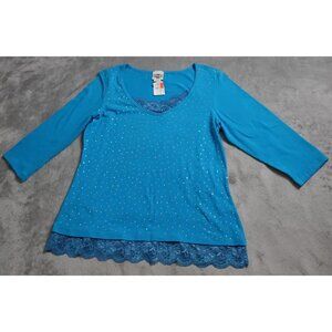 Vintage Rods Sparkle Lace Top Women's XL Blue Scoop Neck 3/4 Sleeve Casual